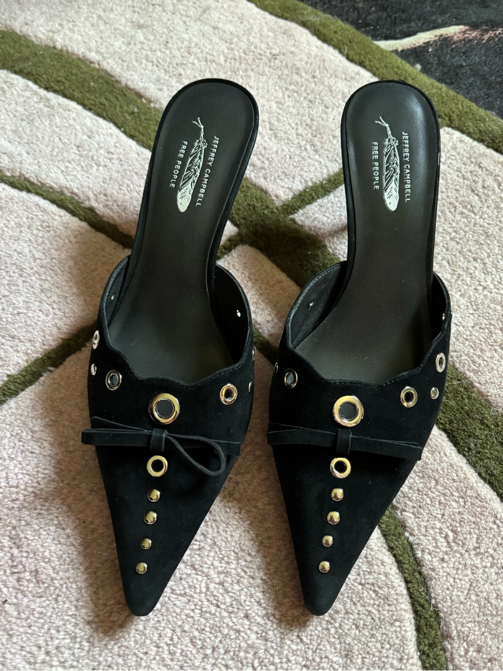 Jeffrey Campbell Black Suede Pointed Slip-On Mules with Gold Eyelets